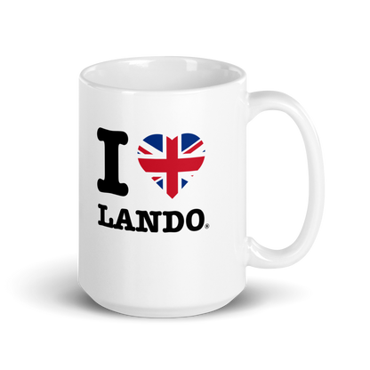 White mug with 'I ❤️ Lando' design featuring a heart with British flag colors on a white background
