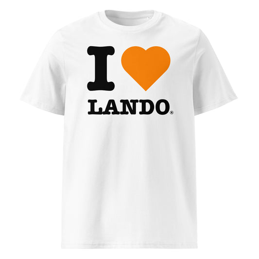Front view of the I ♥ LANDO t-shirt with a papaya orange heart – a tribute to Lando Norris and McLaren fans.