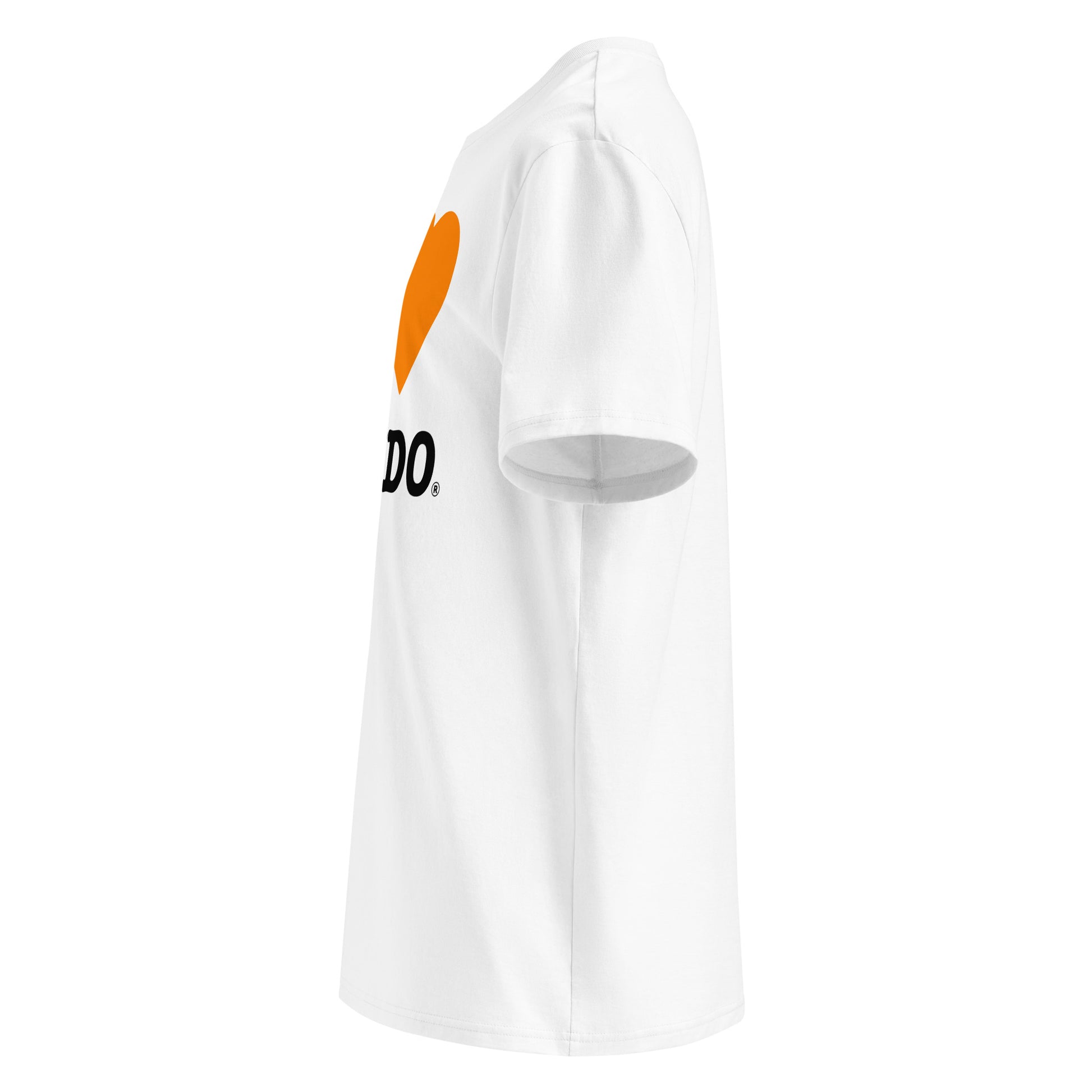 Left side angle of the I ♥ LANDO t-shirt – showcasing the vibrant papaya heart design.