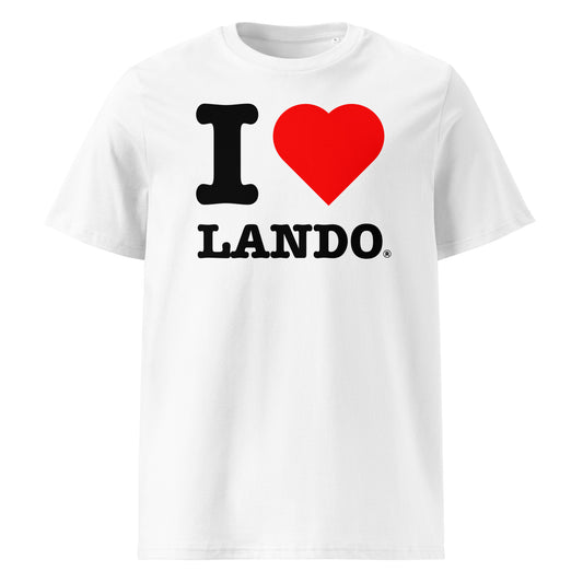Front view of the I ♥ LANDO t-shirt featuring bold black text and a red heart – a must-have for Lando Norris fans.