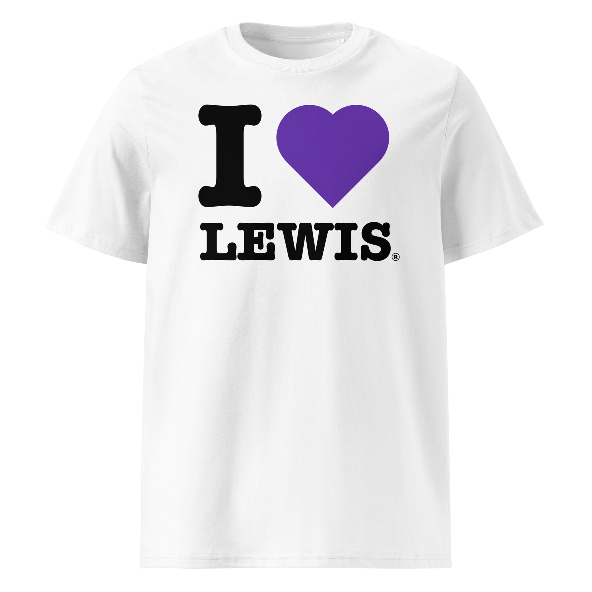 Front view of the I ♥ LEWIS t-shirt with a purple heart – a tribute to Lewis Hamilton’s iconic helmet colours.