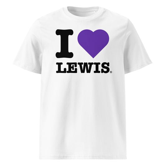 Front view of the I ♥ LEWIS t-shirt with a purple heart – a tribute to Lewis Hamilton’s iconic helmet colours.