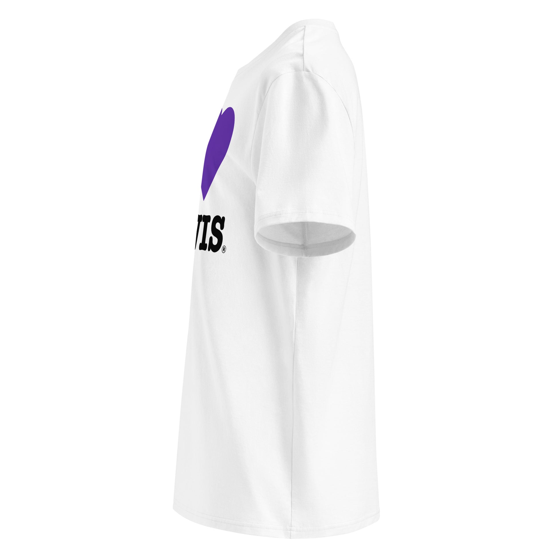 Left side angle of the I ♥ LEWIS t-shirt – showcasing the fan-favourite purple heart design.