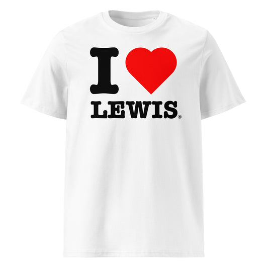 I ♥ LEWIS t-shirt featuring bold black text and a red heart – a must-have for Lewis Hamilton fans.