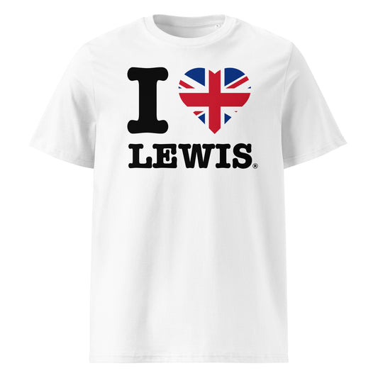 Front view of the I ♥ LEWIS t-shirt with a Union Jack heart – a patriotic tribute to Lewis Hamilton.