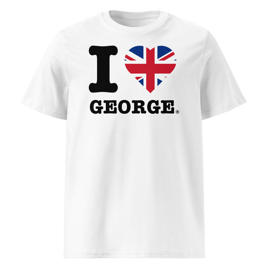 Front view of the I ♥ GEORGE t-shirt with a Union Jack heart – a patriotic tribute to George Russell.