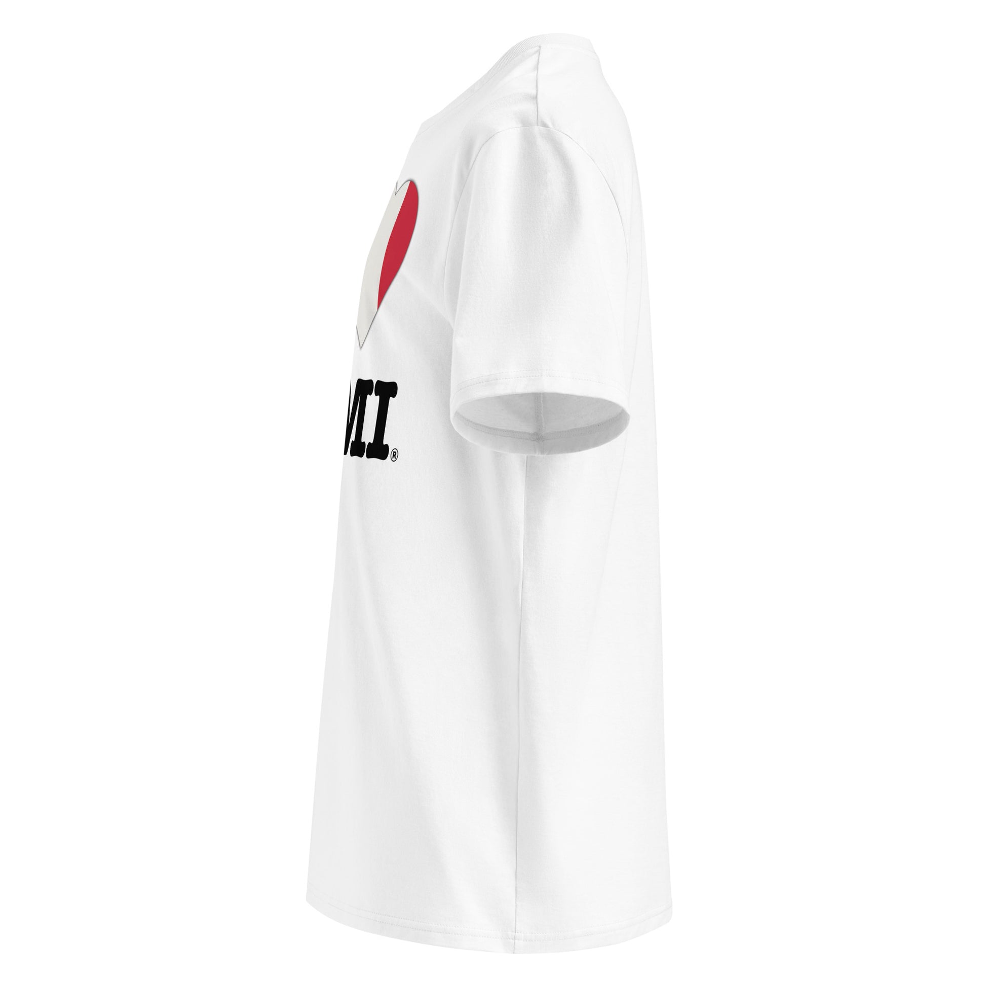 Left side angle of the I ♥ KIMI t-shirt – showcasing the tricolour heart design.
