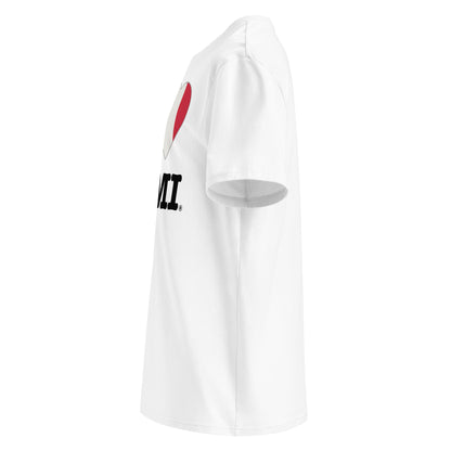 Left side angle of the I ♥ KIMI t-shirt – showcasing the tricolour heart design.