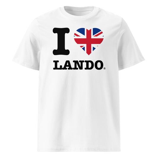 Front view of the I ♥ LANDO t-shirt with a Union Jack heart – a patriotic tribute to Lando Norris.