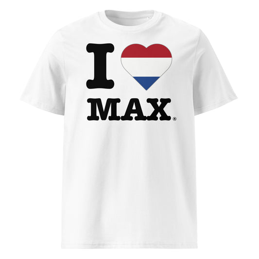 Front view of the I ♥ MAX t-shirt with a Dutch flag heart – a tribute to Max Verstappen and his home nation.