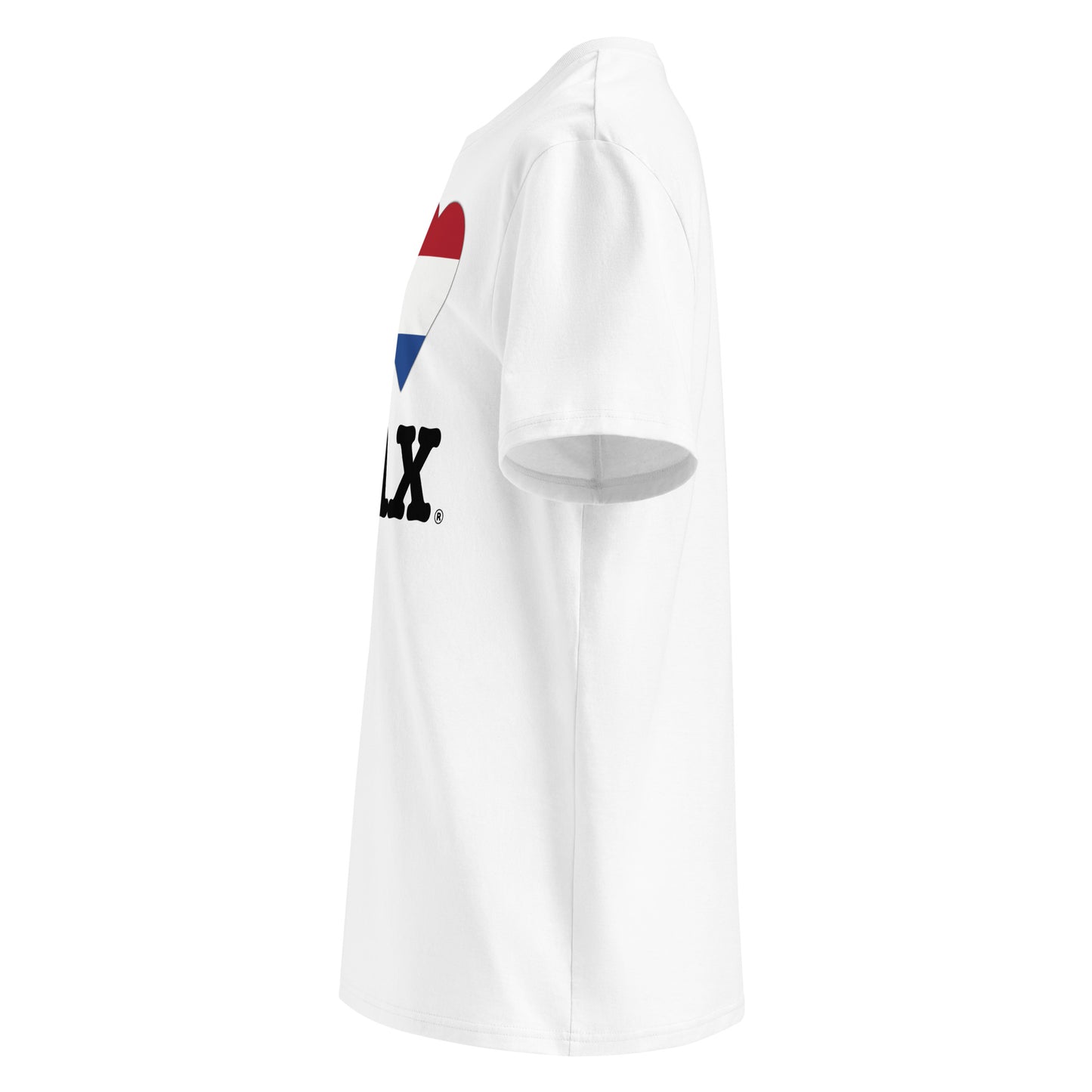 Left side angle of the I ♥ MAX t-shirt – showcasing the red, white, and blue heart design.