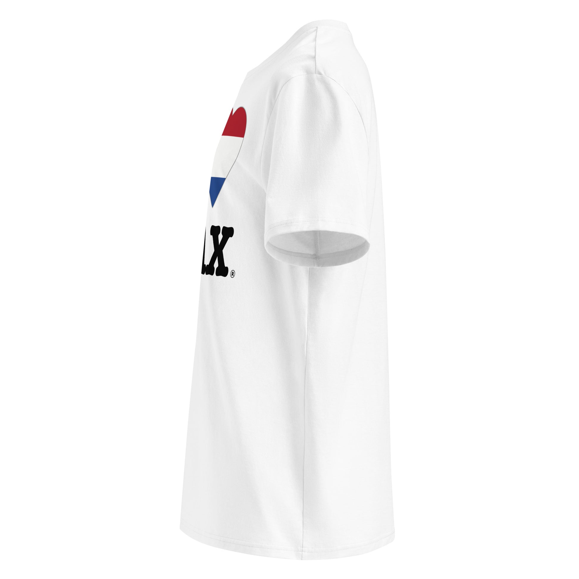 Left side angle of the I ♥ MAX t-shirt – showcasing the red, white, and blue heart design.