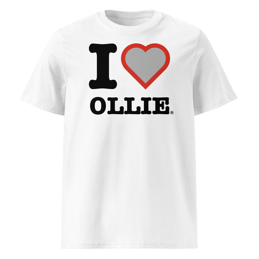 Front view of the I ♥ OLLIE t-shirt with a grey heart and red border – a tribute to Ollie Bearman and Haas F1.