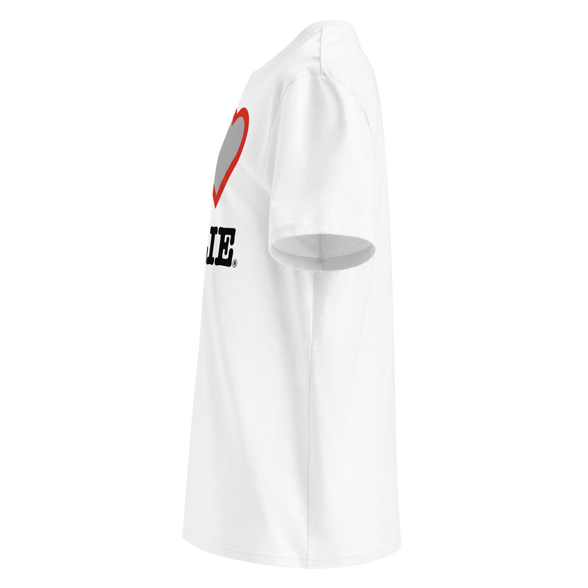 Left side angle of the I ♥ OLLIE t-shirt – showcasing the grey and red heart design.