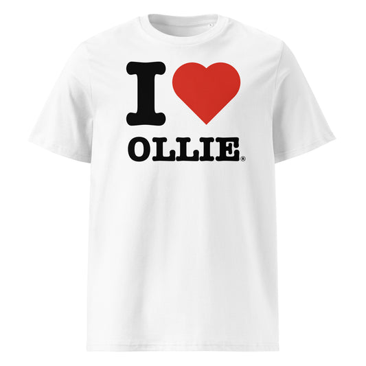 Front view of the I ♥ OLLIE t-shirt featuring bold black text and a red heart – a must-have for Ollie Bearman fans.
