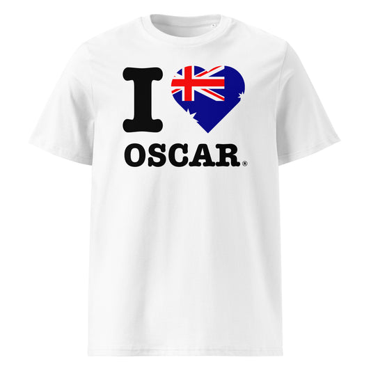 Front view of the I ♥ OSCAR t-shirt with an Australian flag heart – a tribute to Oscar Piastri and Aussie F1 fans.