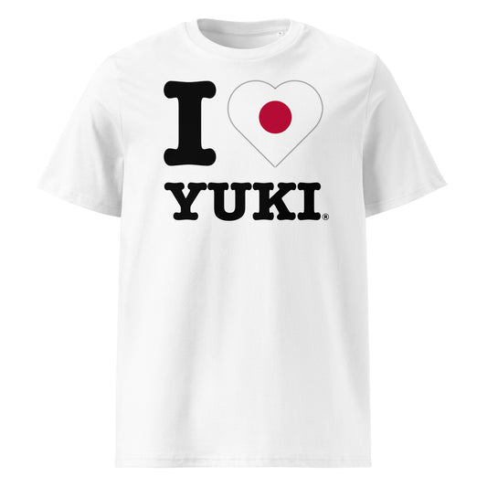Front view of the I ♥ YUKI t-shirt with a Japanese flag heart – a tribute to Yuki Tsunoda and his home nation.