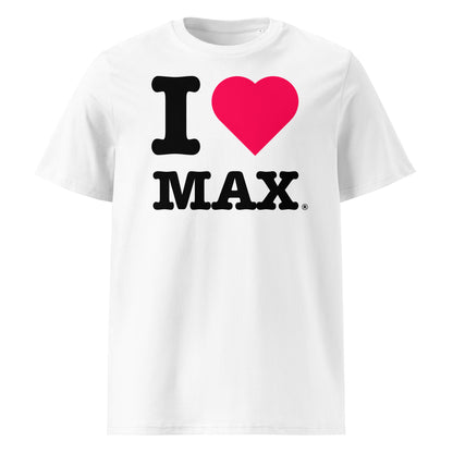 Front view of the I ♥ MAX t-shirt with a pink heart – a vibrant tribute to Max Verstappen and Red Bull Racing.