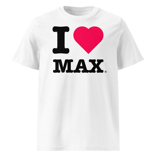 Front view of the I ♥ MAX t-shirt with a pink heart – a vibrant tribute to Max Verstappen and Red Bull Racing.