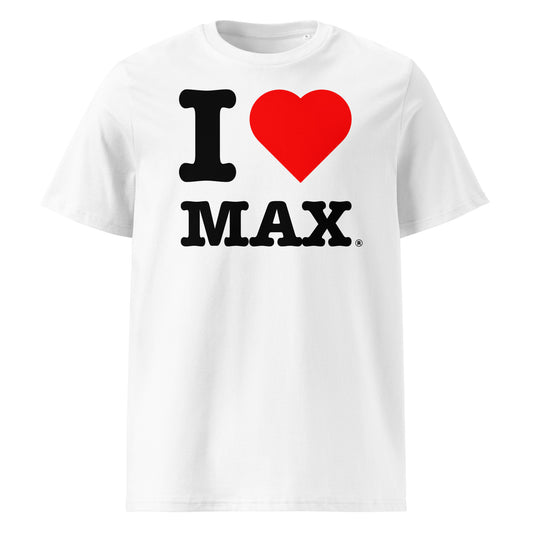 Front view of the I ♥ MAX t-shirt featuring bold black text and a red heart – a must-have for Max Verstappen fans.