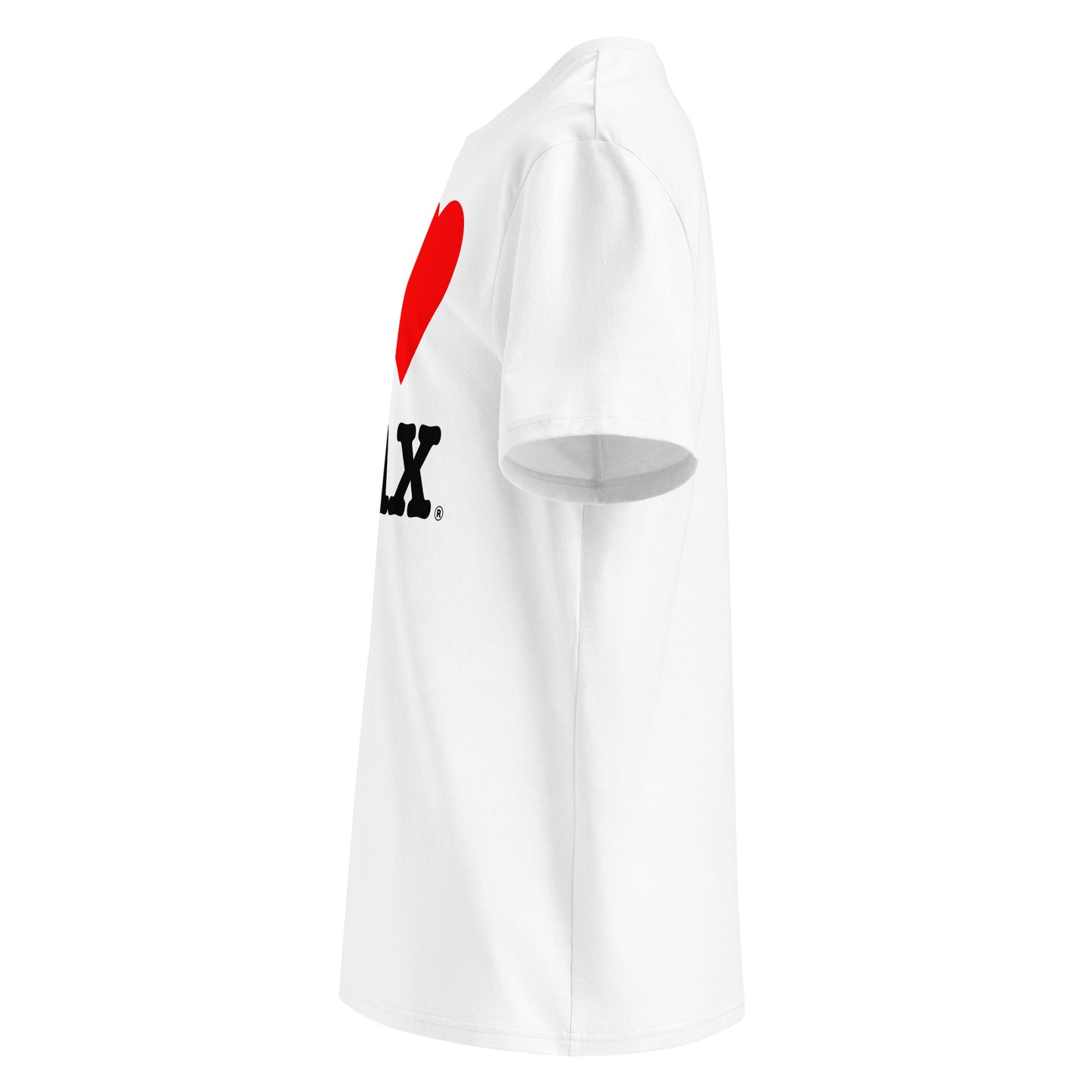 Left side angle of the I ♥ MAX t-shirt – showcasing the classic red heart design.