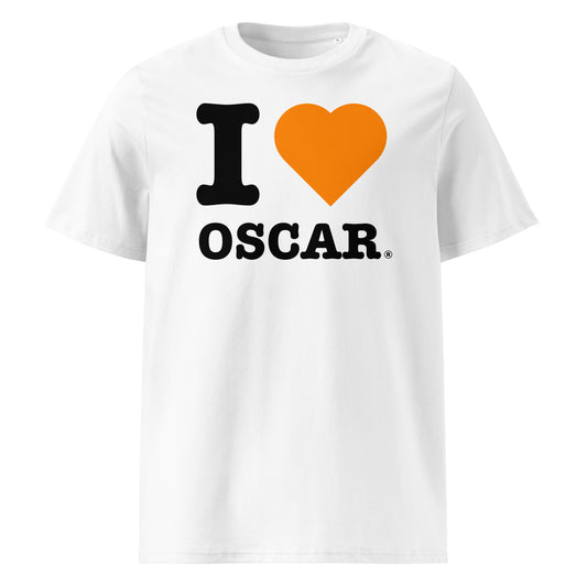 Front view of the I ♥ OSCAR t-shirt with a papaya orange heart – a tribute to Oscar Piastri and McLaren fans.