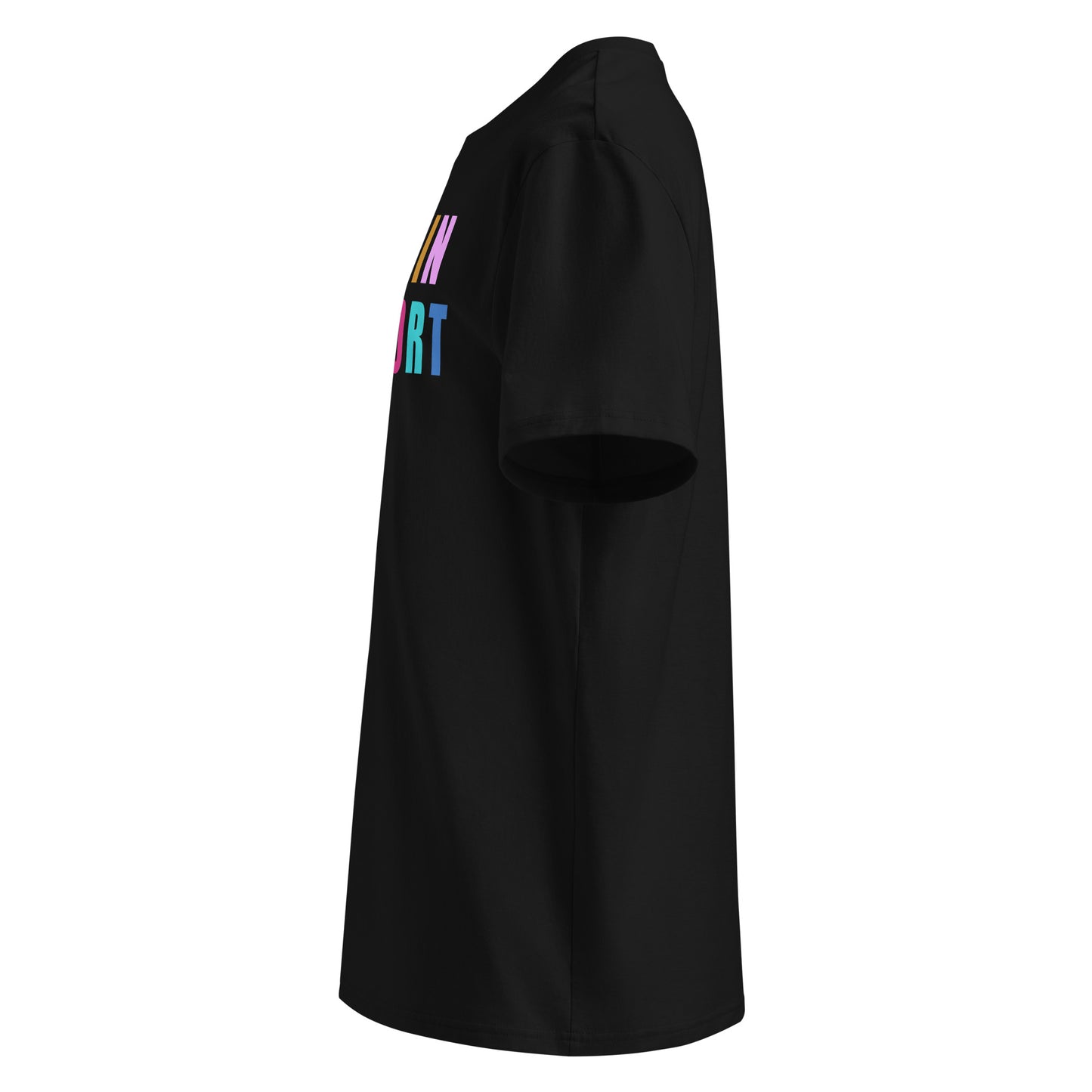 Left side view of black unisex t-shirt, plain sleeve, visible side of the colourful “I WAS IN COMFORT MODE” chest print. Bold, playful car meet style.