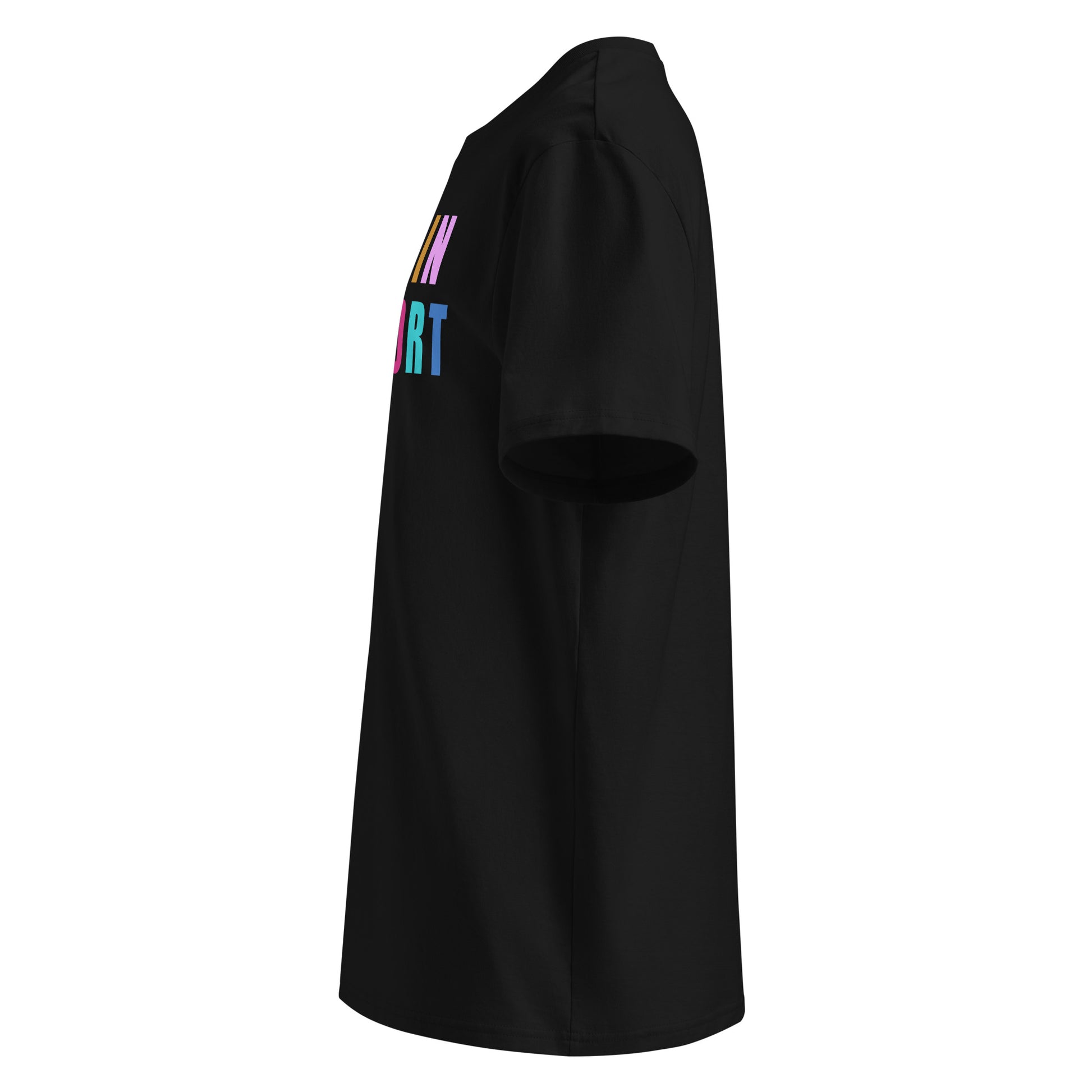 Left side view of black unisex t-shirt, plain sleeve, visible side of the colourful “I WAS IN COMFORT MODE” chest print. Bold, playful car meet style.