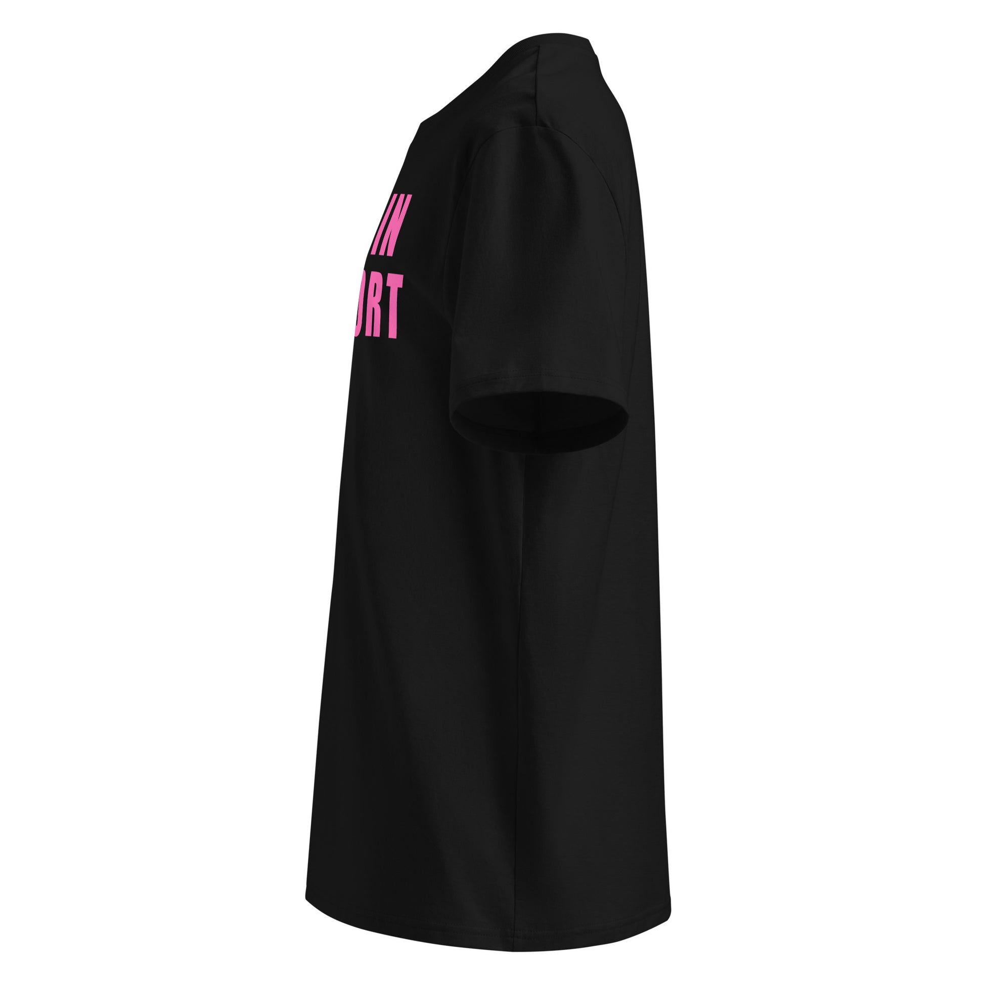 Left side view of black unisex t-shirt, plain sleeve, visible side of the pink “I WAS IN COMFORT MODE” chest print. Minimalist, car meet fan style.