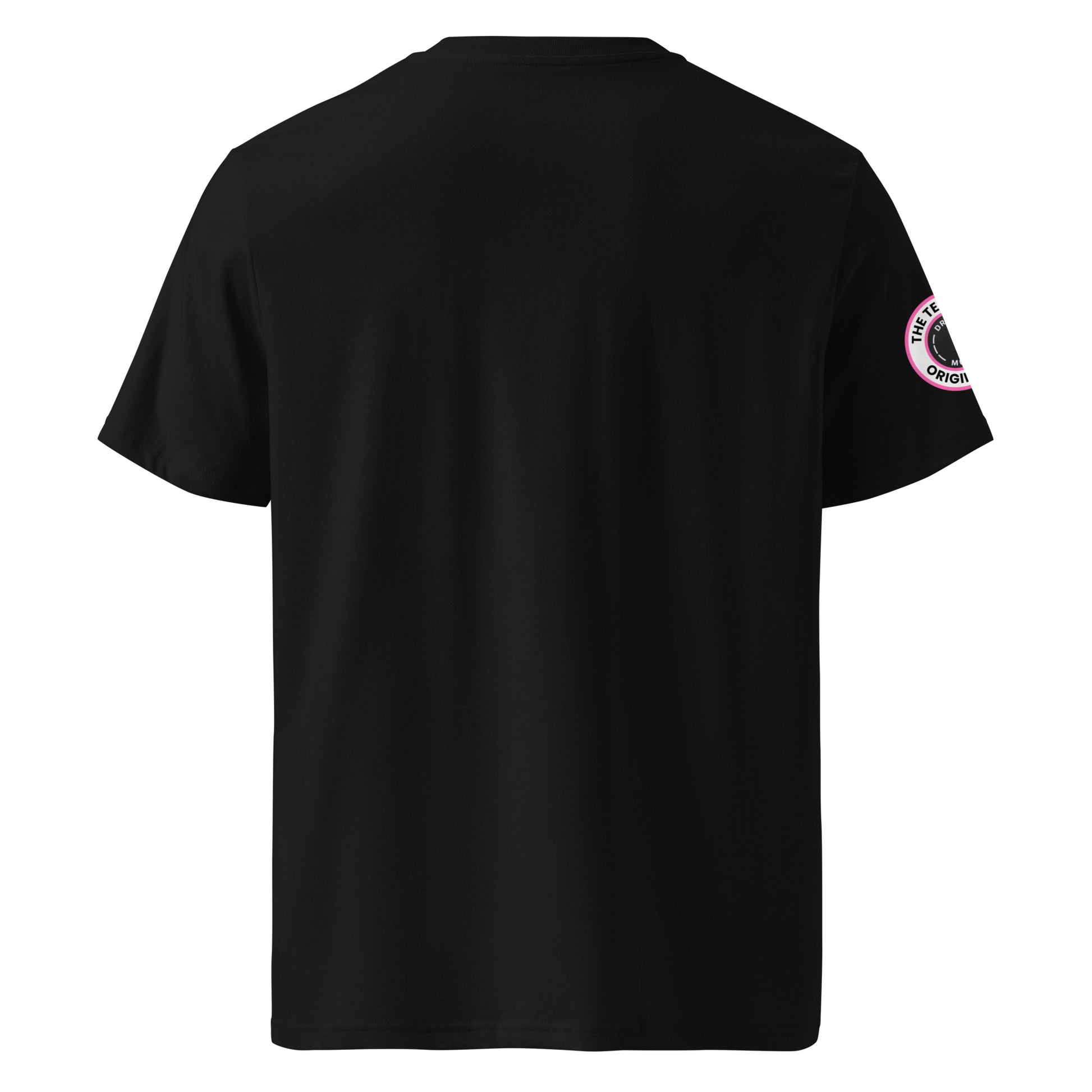 Back view of black unisex t-shirt with plain design. No rear print, highlighting the bold front pink slogan and sleeve patch. DTF print, perfect for car meet enthusiasts.