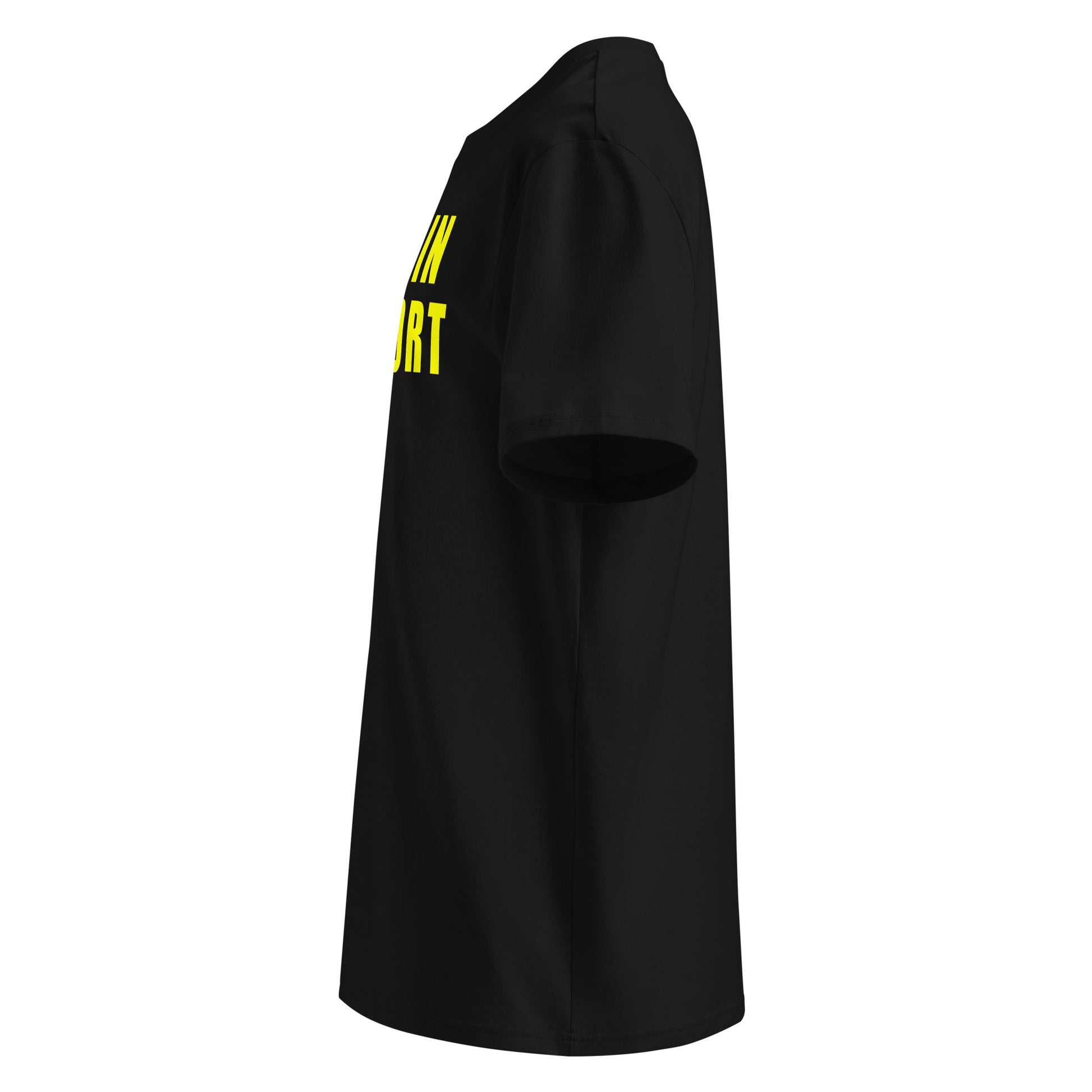 Left side view of black unisex t-shirt, plain sleeve, visible side of the yellow “I WAS IN COMFORT MODE” chest print. Minimalist, car meet fan style.
