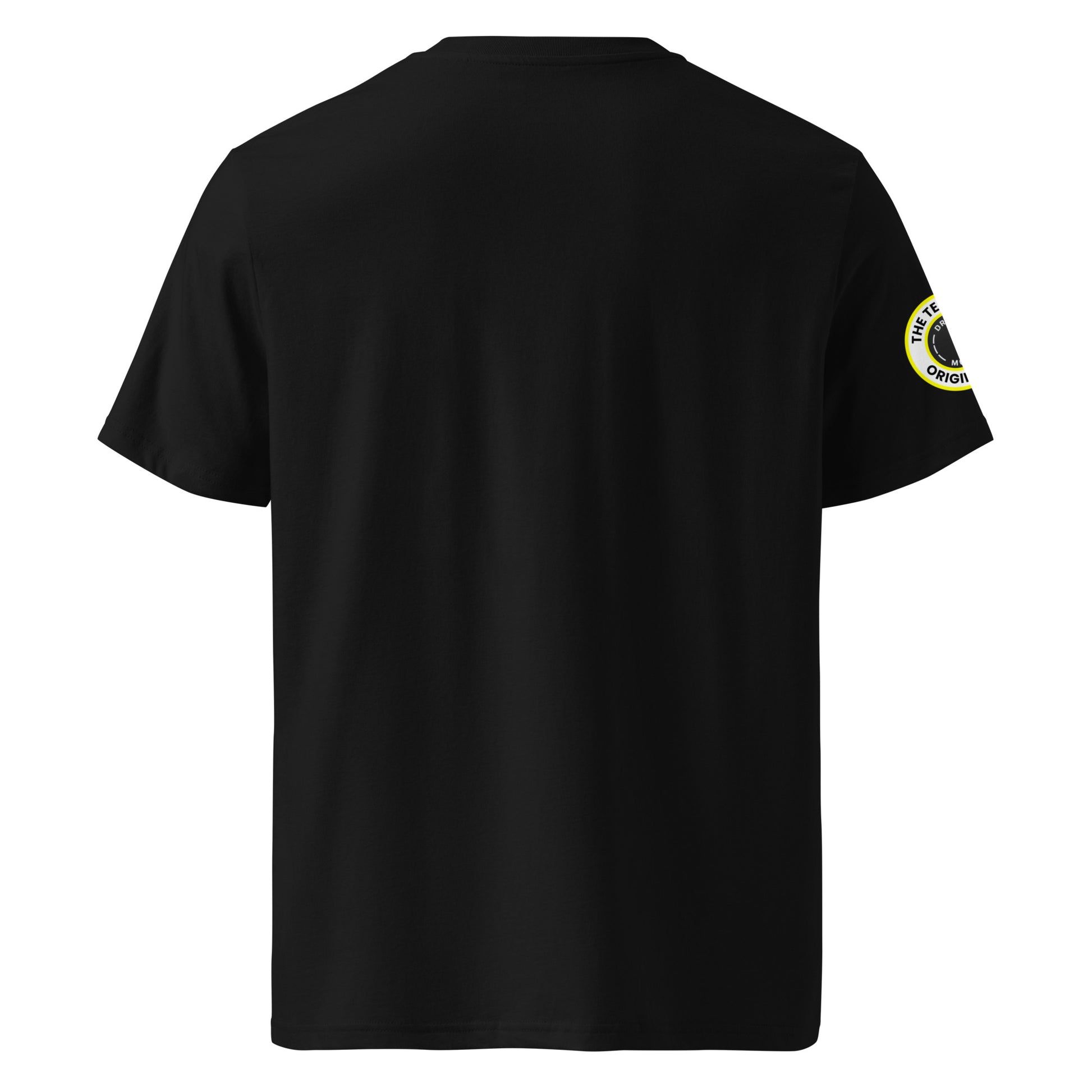 Back view of black unisex t-shirt with plain design. No rear print, highlighting the bold front yellow slogan and sleeve patch. DTF print, perfect for car meet enthusiasts.