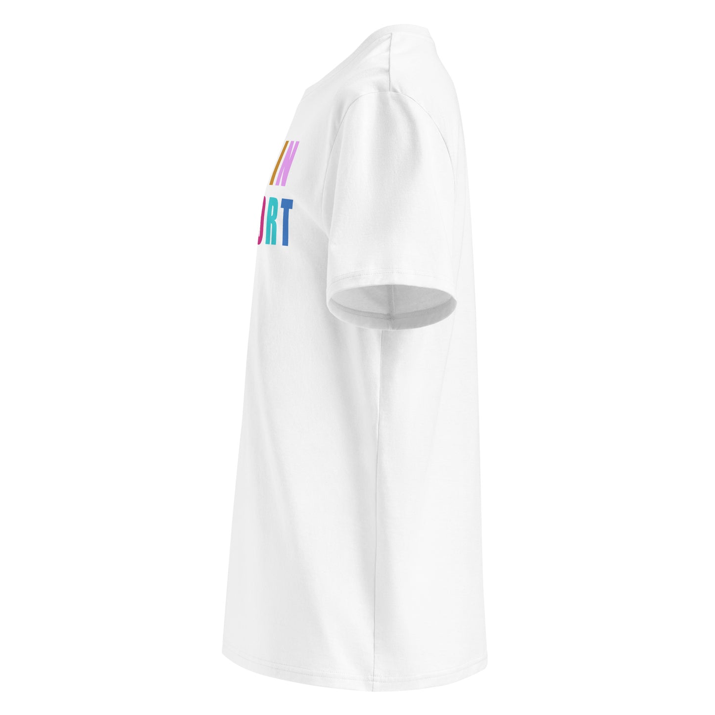 Left side view of white unisex t-shirt, plain sleeve, visible side of the colourful “I WAS IN COMFORT MODE” chest print. Bold, playful car meet style.
