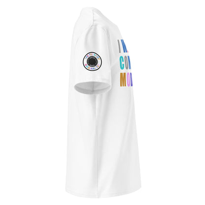 Right side view of white t-shirt showing The Tee Shop’s drive mode button patch on the sleeve and edge of the multi-colour “I WAS IN COMFORT MODE” chest print. DTF print, car culture style.