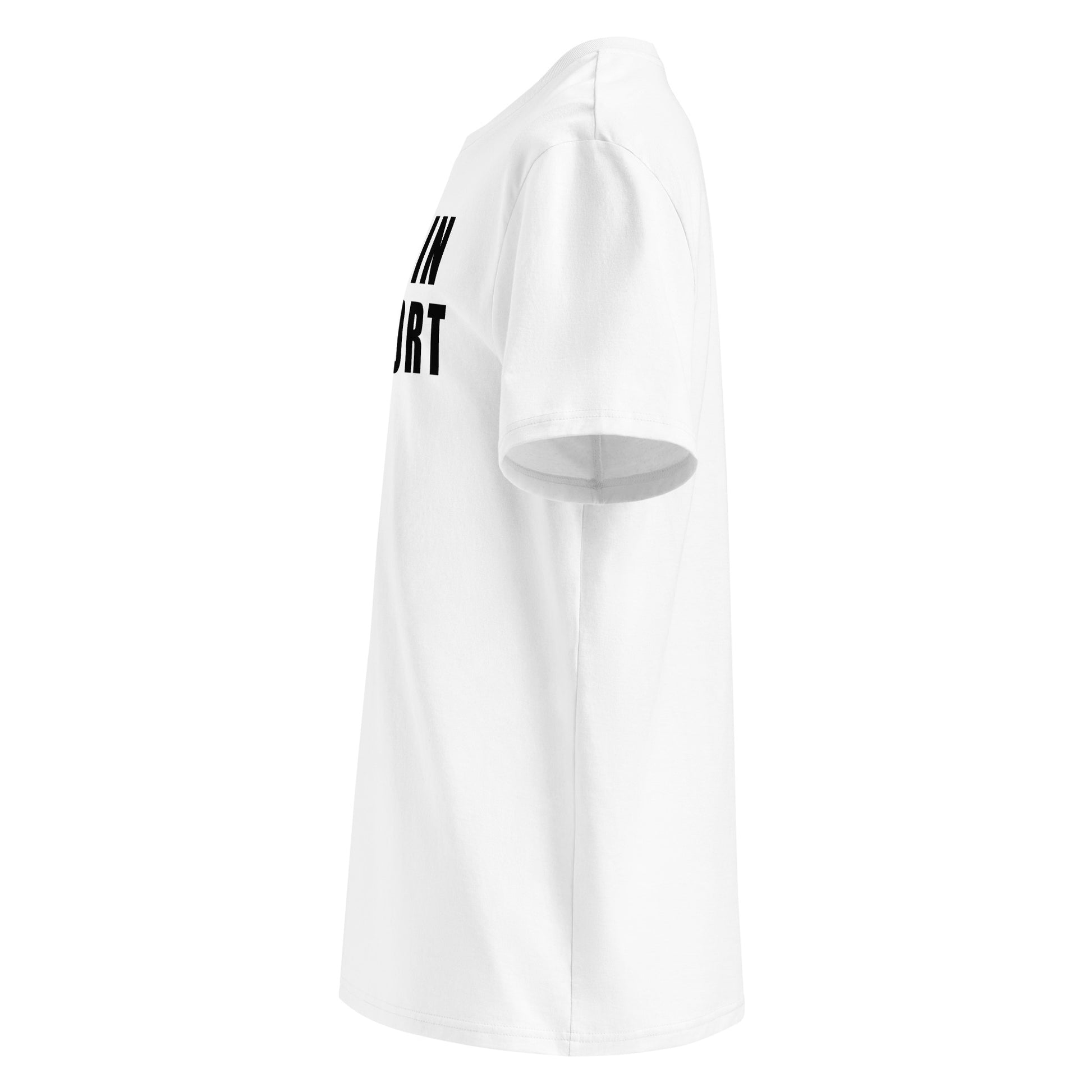 Left side view of white unisex t-shirt, plain sleeve, visible side of the black “I WAS IN COMFORT MODE” chest print. Minimalist, car meet fan style.
