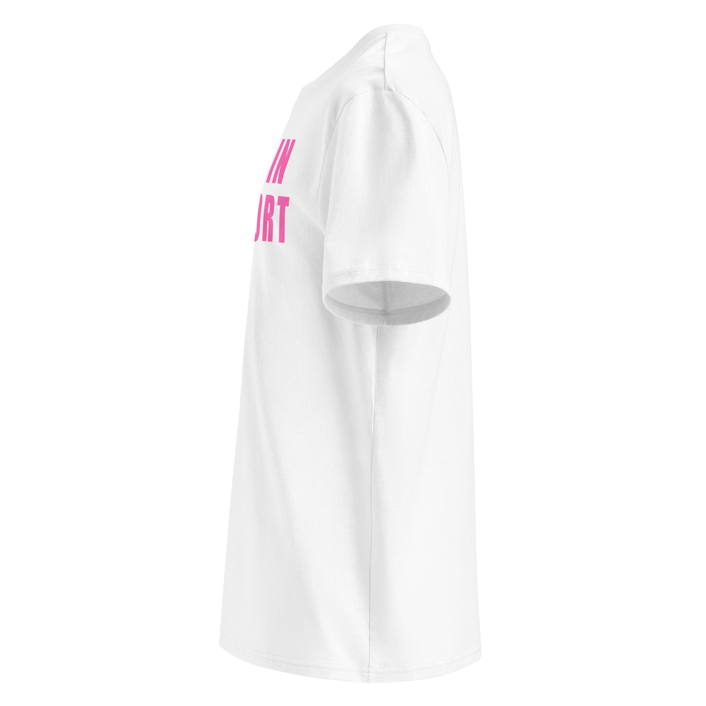 Left side view of white unisex t-shirt, plain sleeve, visible side of the pink “I WAS IN COMFORT MODE” chest print. Minimalist, car meet fan style.