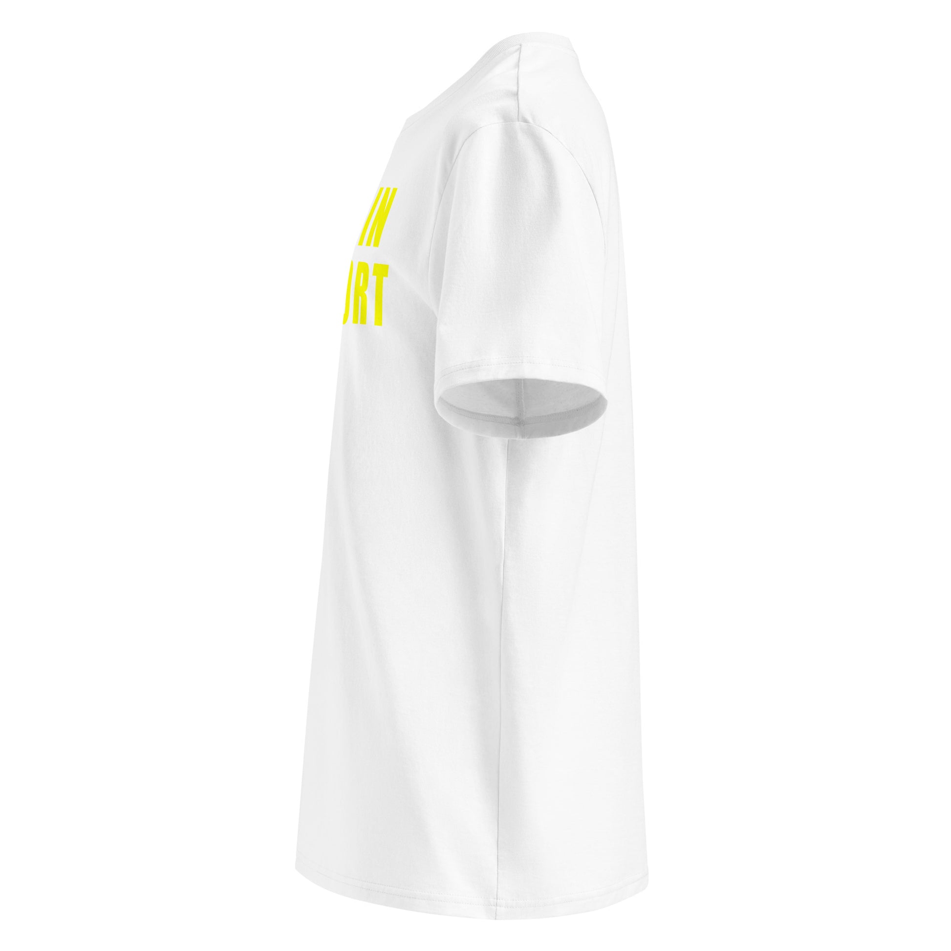 Left side view of white unisex t-shirt, plain sleeve, visible side of the yellow “I WAS IN COMFORT MODE” chest print. Minimalist, car meet fan style.