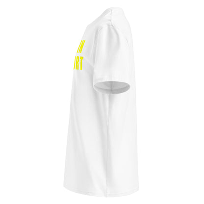 Left side view of white unisex t-shirt, plain sleeve, visible side of the yellow “I WAS IN COMFORT MODE” chest print. Minimalist, car meet fan style.