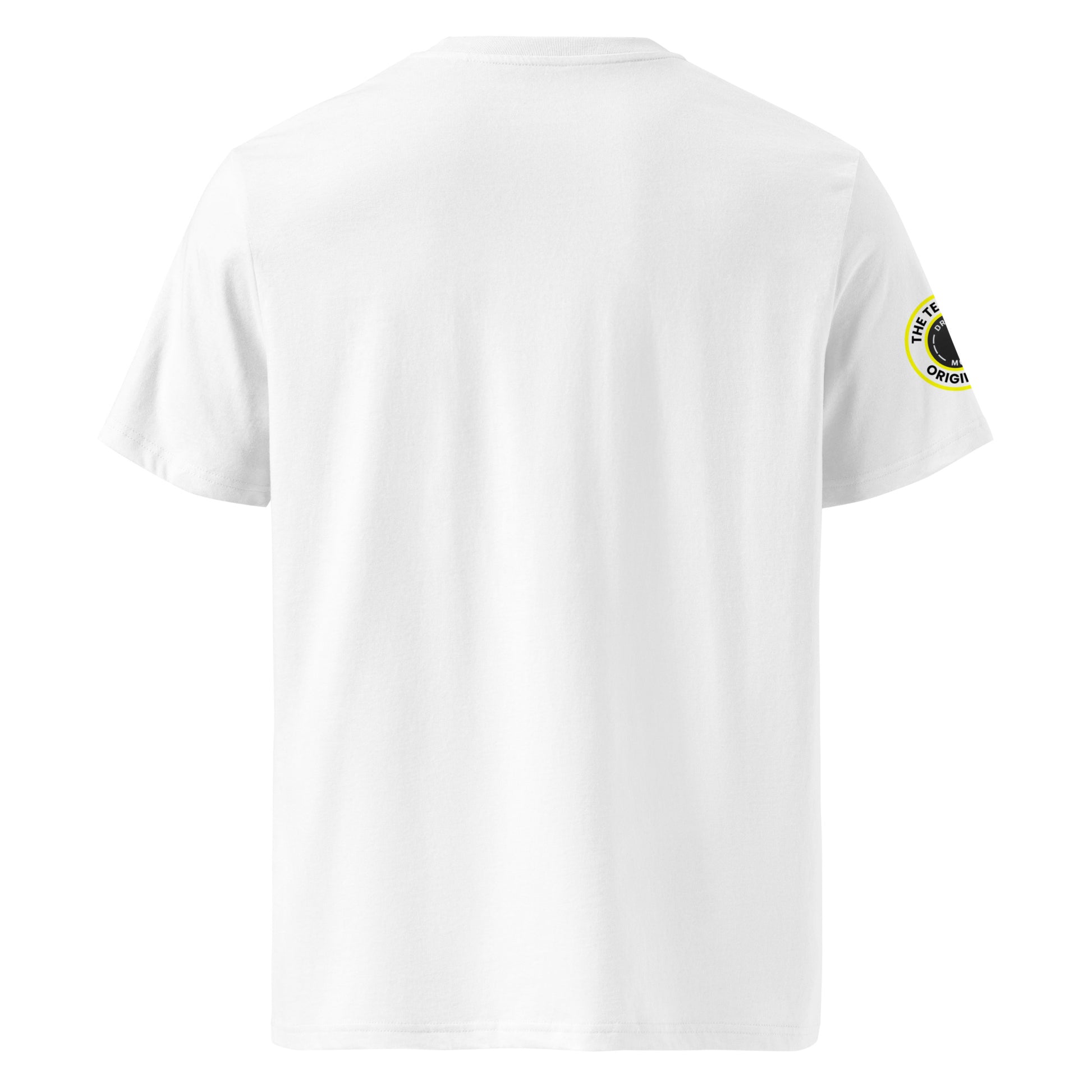 Back view of white unisex t-shirt with plain design. No rear print, highlighting the bold front yellow slogan and sleeve patch. DTF print, perfect for car meet enthusiasts.