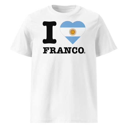 Front view of the I ♥ FRANCO t-shirt with an Argentinian flag heart – a tribute to Franco Colapinto and his home nation.