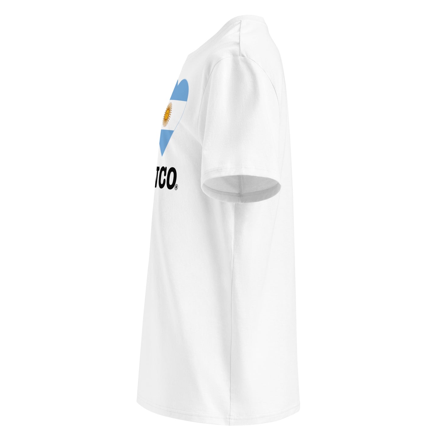 Left side angle of the I ♥ FRANCO t-shirt – showcasing the light blue, white, and sun heart design.