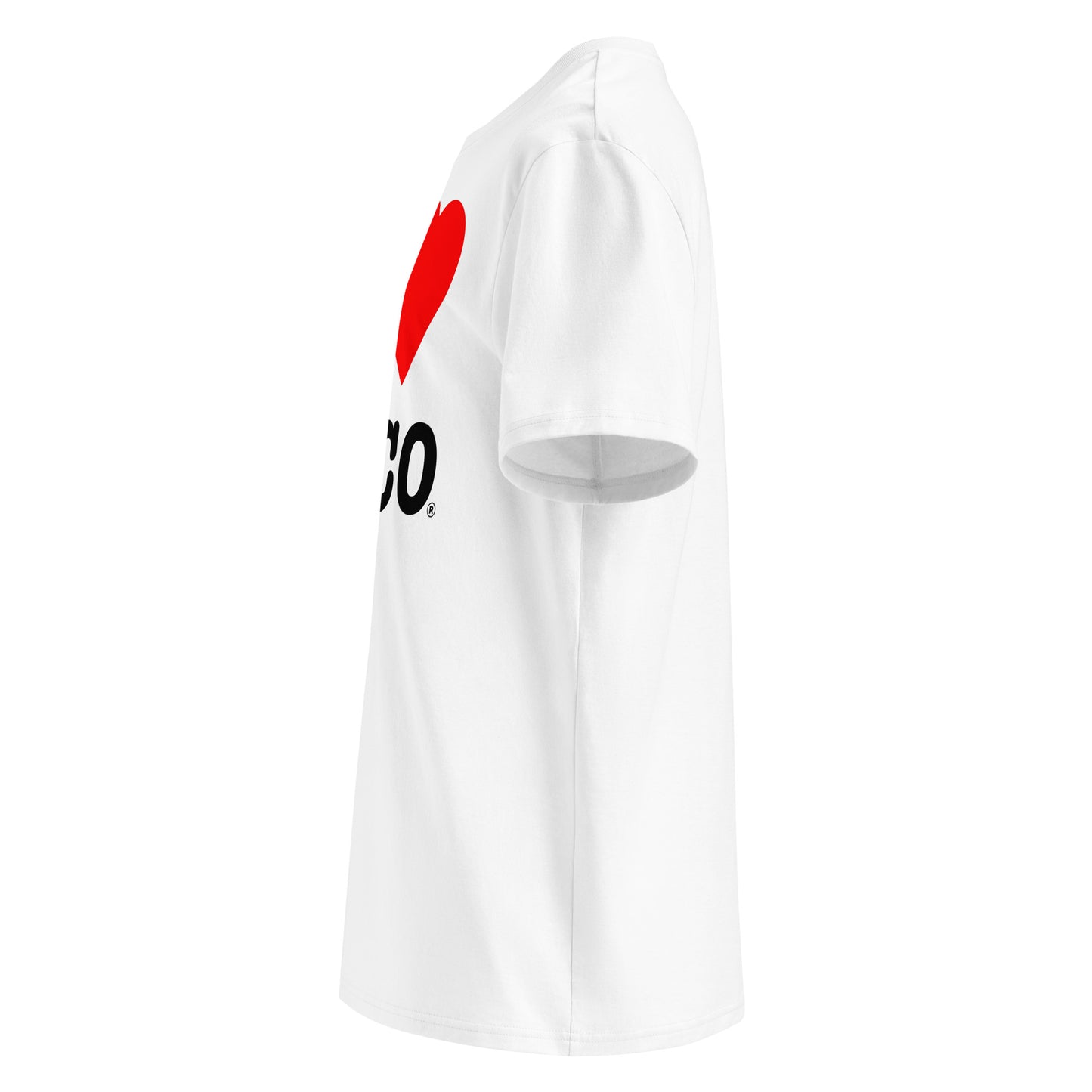 Left view highlighting the bold front graphic and unisex cut.