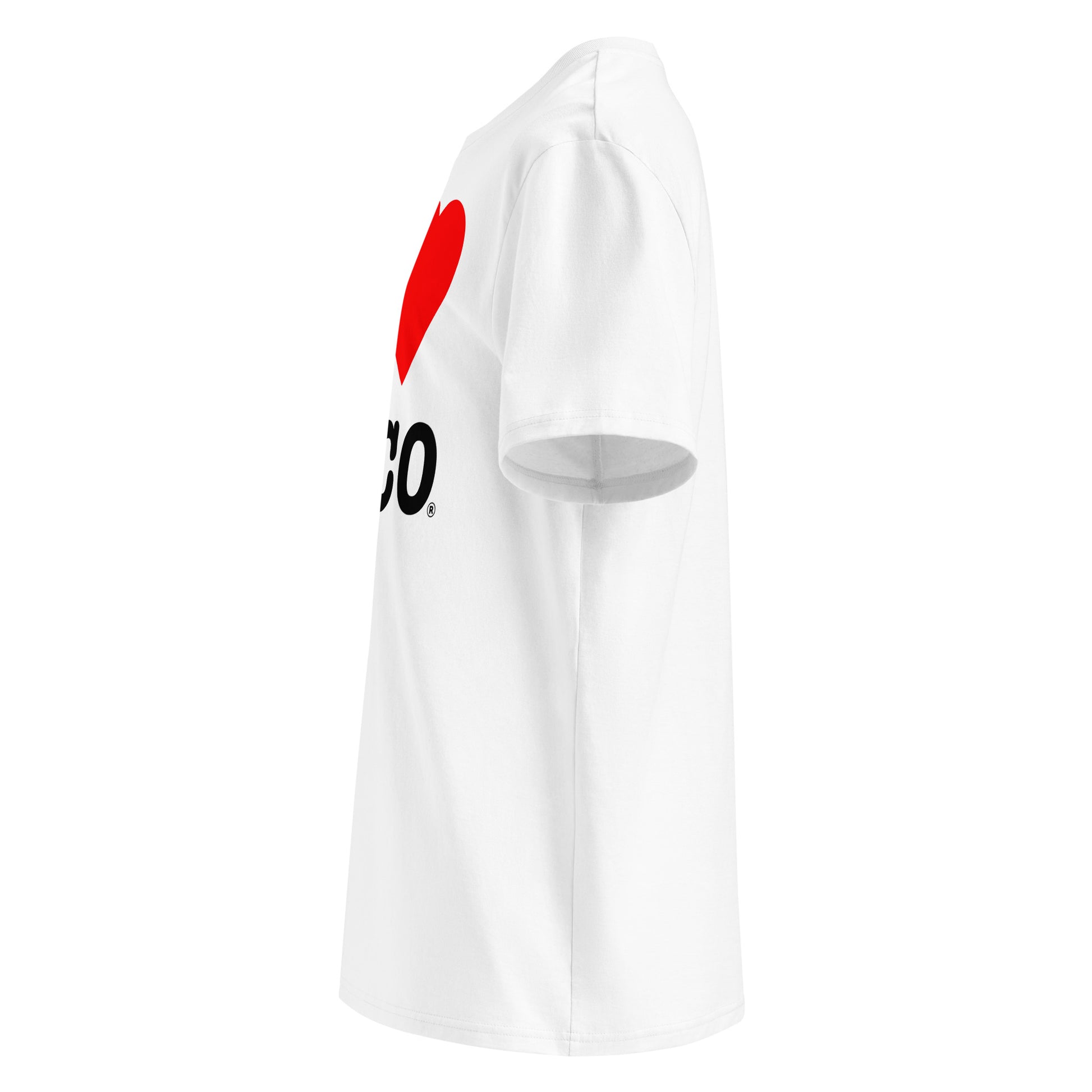 Left view highlighting the bold front graphic and unisex cut.