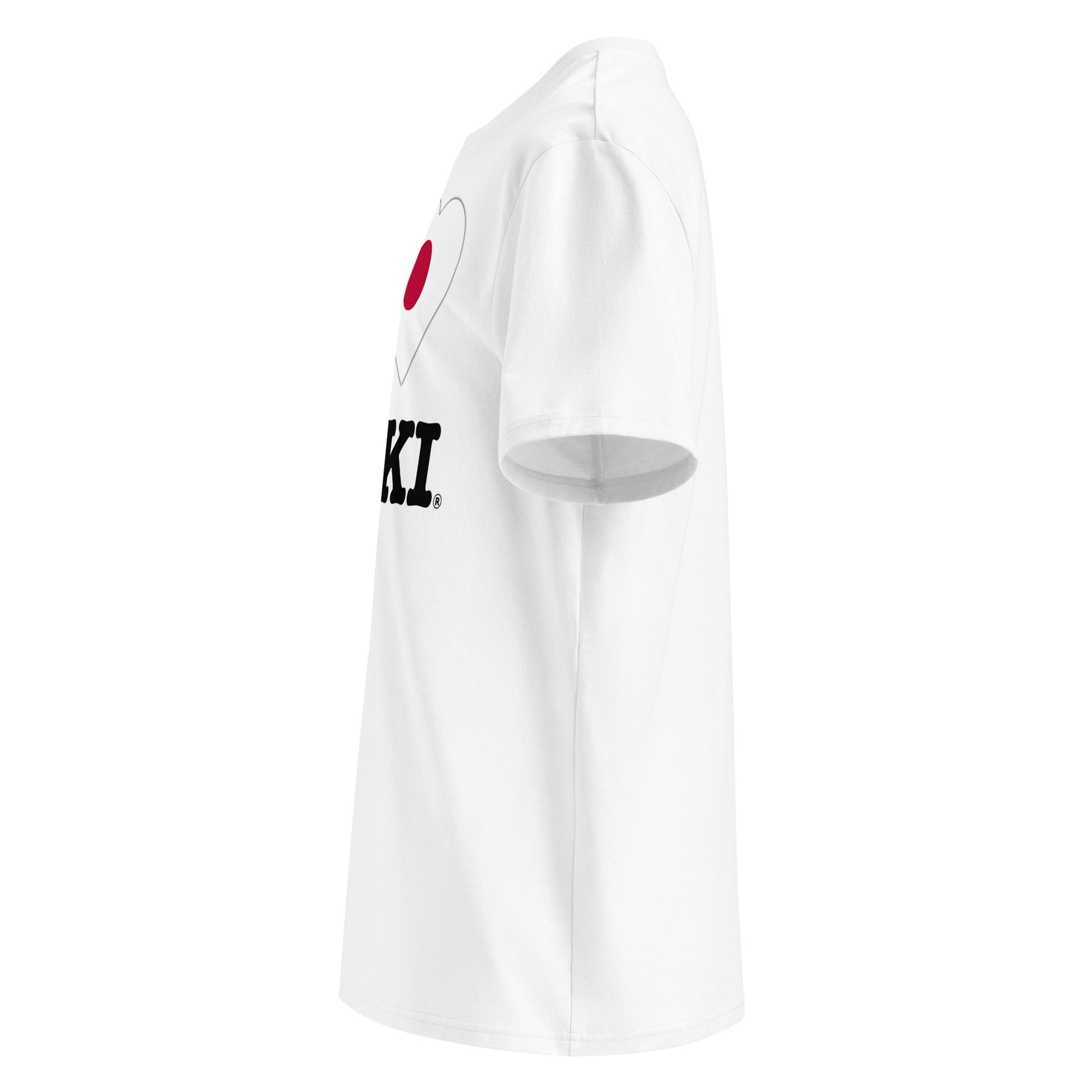 Left side angle of the I ♥ YUKI t-shirt – showcasing the red circle heart design.