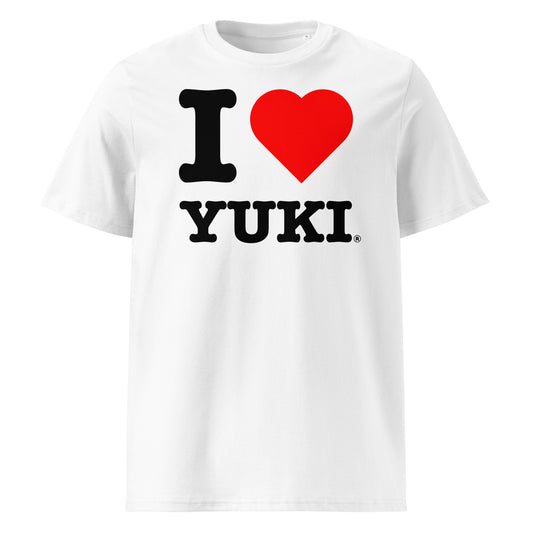 Front view of the I ♥ YUKI t-shirt featuring bold black text and a red heart – a must-have for Yuki Tsunoda fans.
