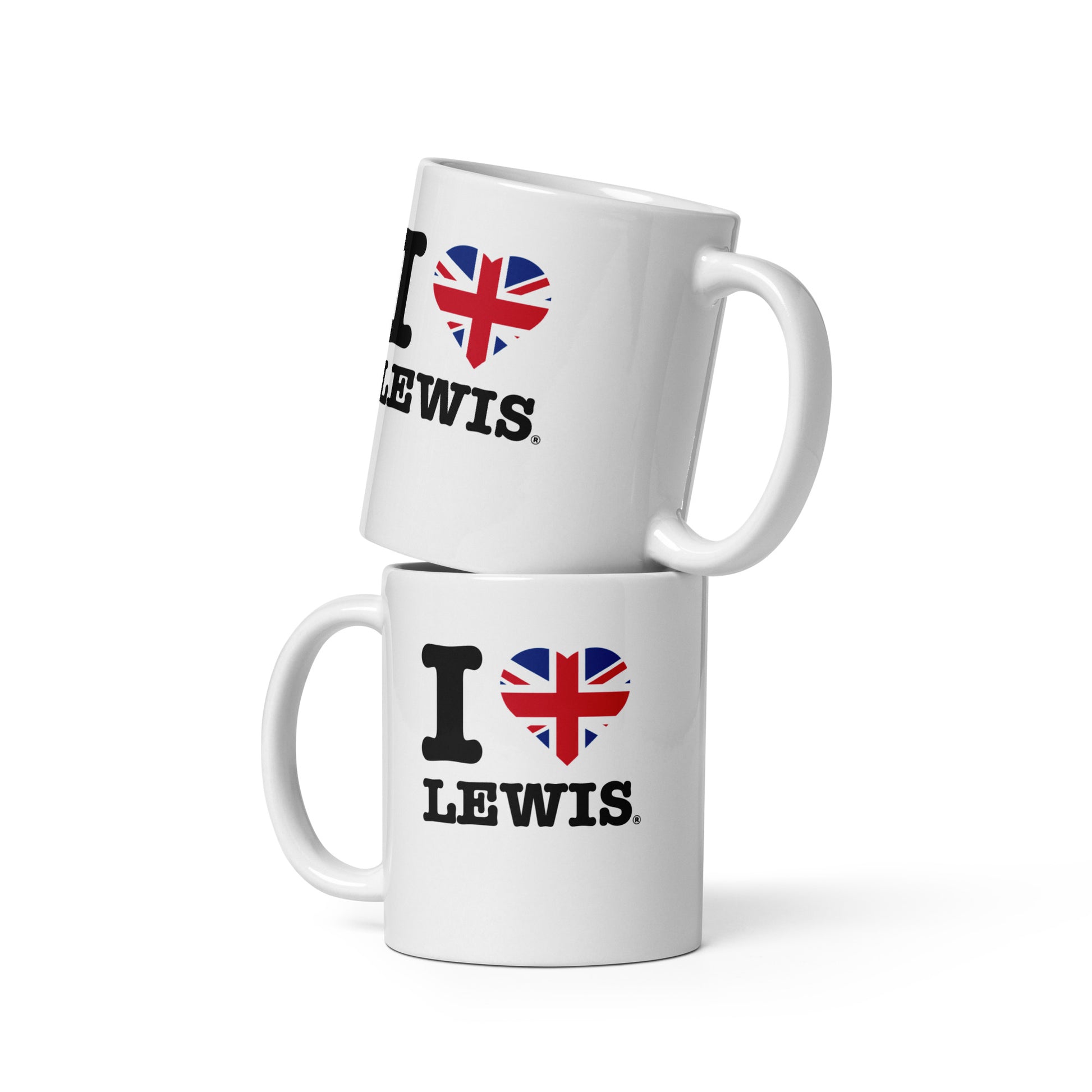 A front view showing the I love lewis 11oz mug with union jack in the shape of a heart - ideal for lewis hamilton fans.