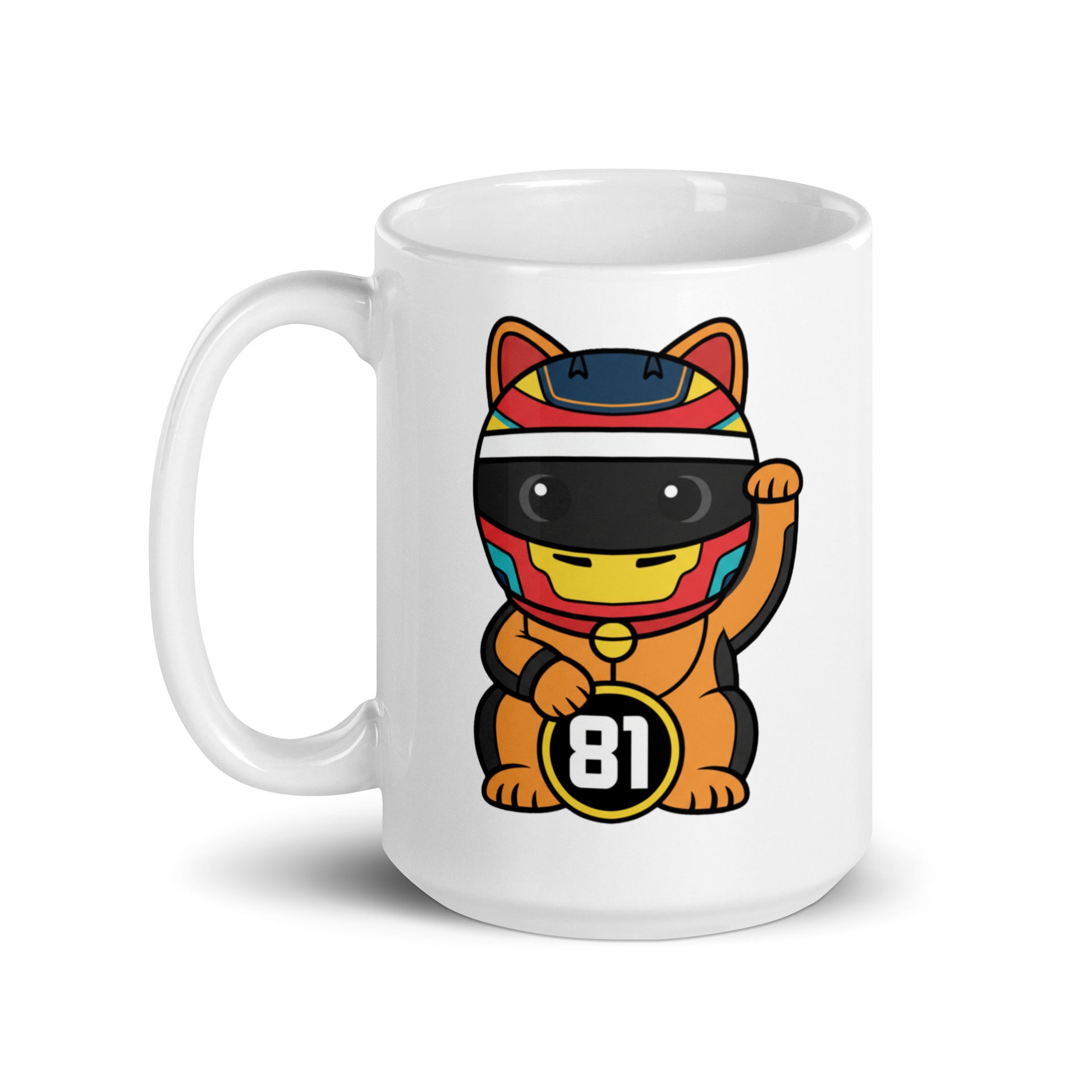Glossy ceramic mug with a helmeted lucky cat in papaya vibes holding a #81 coin ideal for fans who love clean moves and zero-drama pace.