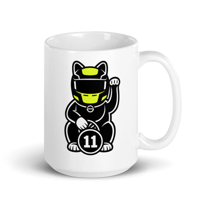 Racing fan mug with black/neon helmet lucky cat illustration and #11 coin great gift for early GP alarms, sleepovers, and subtle support on video calls.