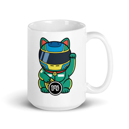 Racing fan mug with green/blue helmet lucky cat illustration and #14 coin—great gift for early GP alarms, sleepovers, and subtle support on video calls.

