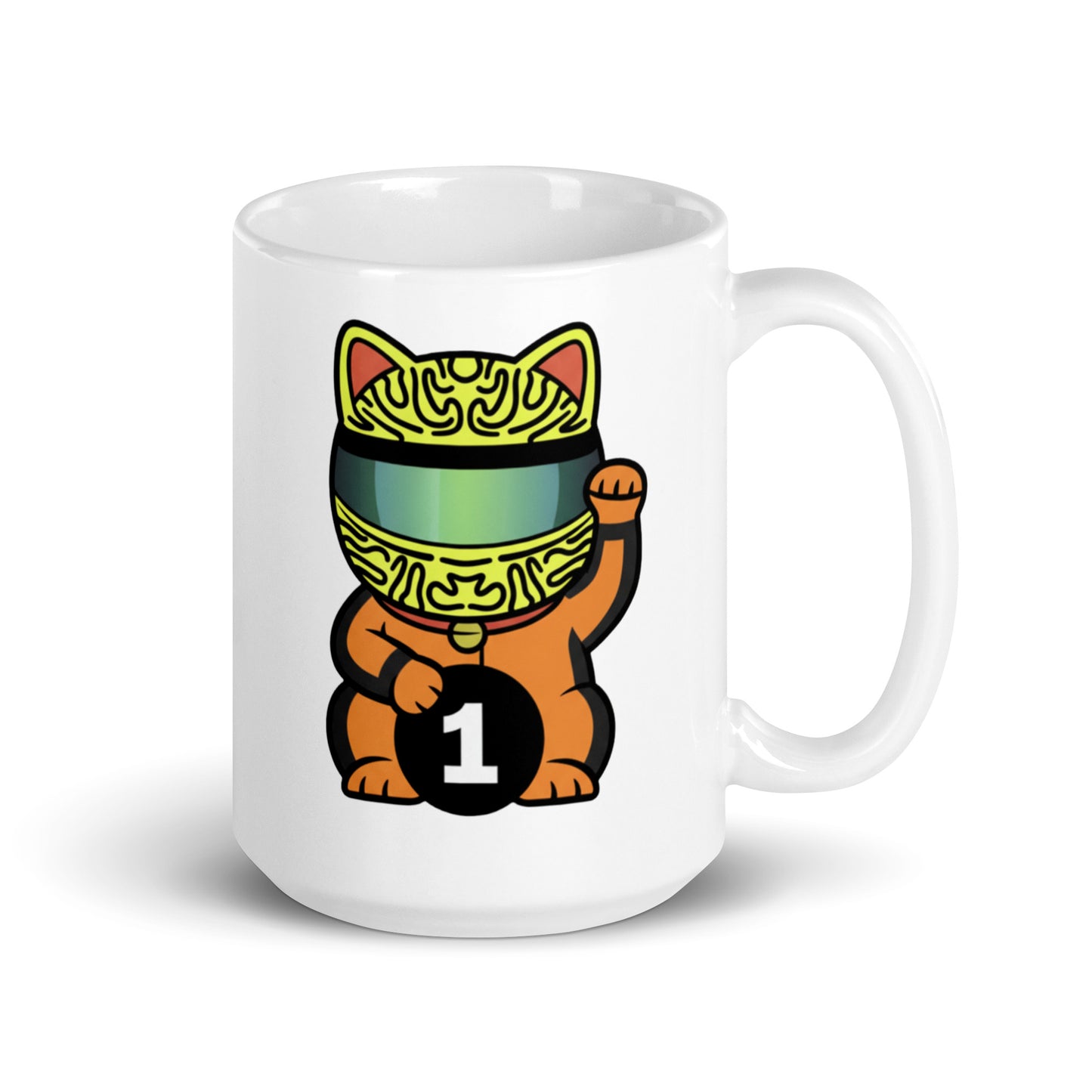 Racing fan mug with papaya helmet lucky cat illustration and #1 coin great gift for early GP alarms, race weekends, and subtle support on video calls.